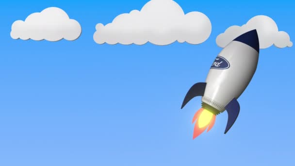 로켓 모형에 포드 로고. 에디토리얼 성공 관련 반복 가능한 3D 애니메이션 — 비디오