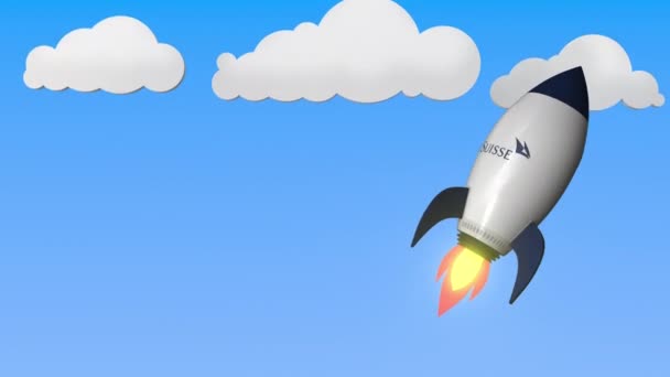 瑞士信贷的标志反对火箭模型。编辑成功相关可循环 3d 动画 — 图库视频影像