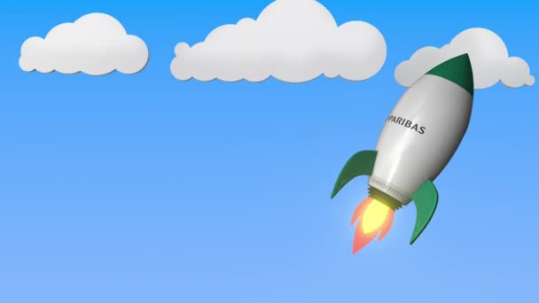 Logo von bnp paribas auf einer fliegenden Rakete. redaktionelle Erfolg im Zusammenhang mit Schlupflöchern 3D-Animation — Stockvideo