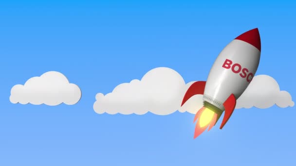 Bosch-Logo auf einer Raketenattrappe. redaktionelle Erfolg im Zusammenhang mit Schlupflöchern 3D-Animation — Stockvideo
