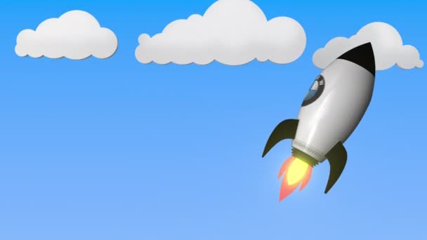 Logo de BMW em um foguete voador. Animação 3D loopable relacionada ao sucesso editorial — Vídeo de Stock