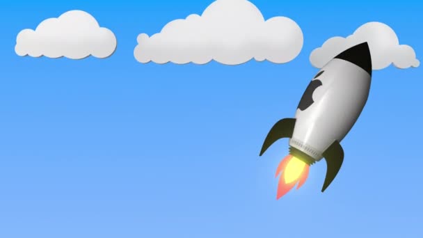 Apple Inc logosu uçan bir roket üzerinde. Editoryal başarı ile ilgili döngülü 3d animasyon — Stok video