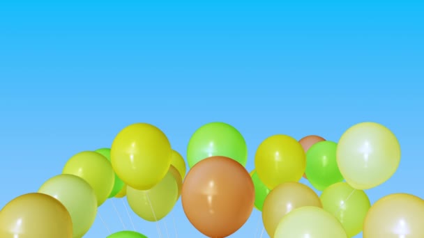 Куча оранжевых и зеленых гелиевых шариков. 3D анимация — стоковое видео