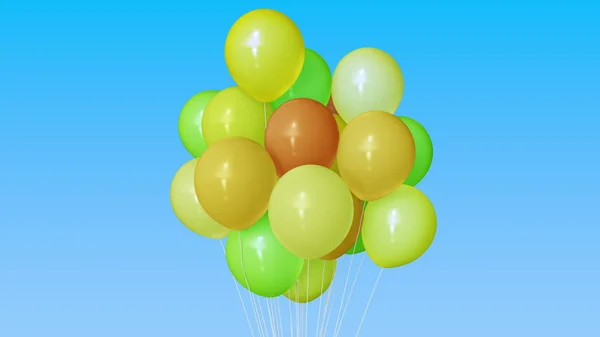 Um bando de balões de hélio laranja e verde. Renderização 3D — Fotografia de Stock