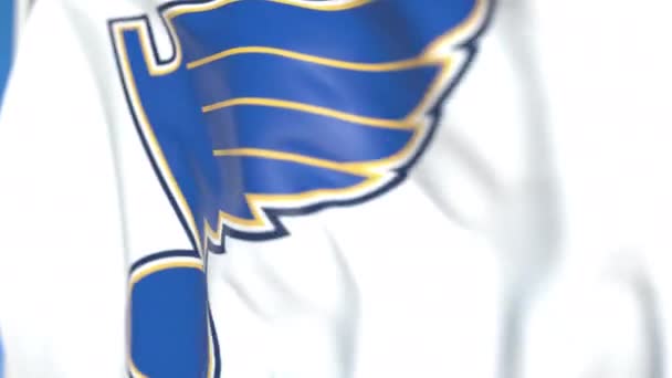 Falowanie flaga z logo drużyny hokejowej St Louis Blues NHL, zbliżenie. Redakcyjnej pętli animacji 3D — Wideo stockowe