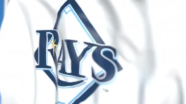 Flying Flag med Tampa Bay Rays team logotyp, närbild. Redaktionell loopable 3D-animering — Stockvideo