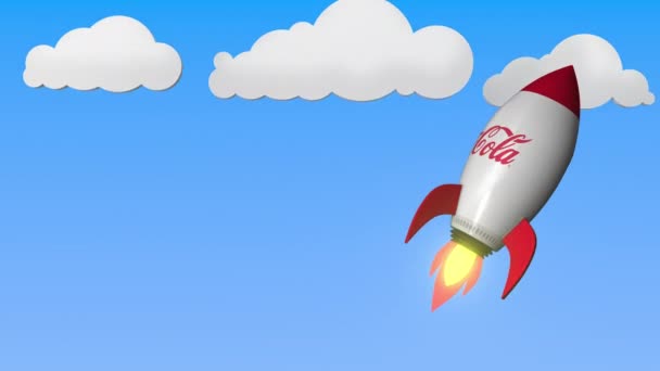로켓 모형에 대한 코카콜라 로고. 에디토리얼 성공 관련 반복 가능한 3D 애니메이션 — 비디오