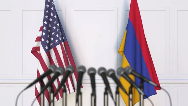 Bandeiras dos EUA e da Arménia em reunião ou conferência internacional. Renderização 3D — Fotografia de Stock