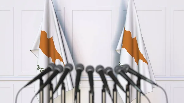塞浦路斯官方新闻发布会。塞浦路斯国旗和麦克风。概念 3D 渲染 — 图库照片