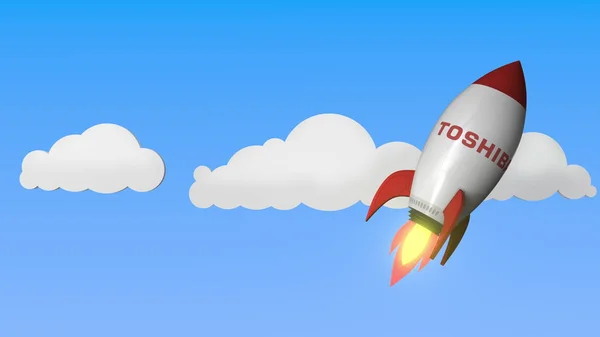 Logotipo de TOSHIBA em um foguete voador. Renderização 3D relacionada ao sucesso editorial — Fotografia de Stock