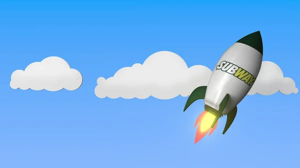 飛行ロケット上の地下鉄のロゴ。編集の成功に関連する 3D レンダリング — ストック写真