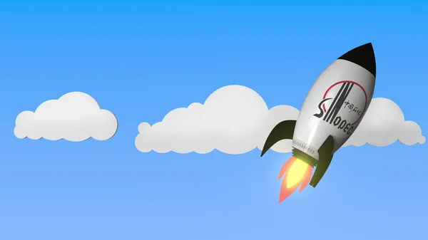 空飛ぶロケットのシノペックのロゴ。編集の成功に関連する 3D レンダリング — ストック写真