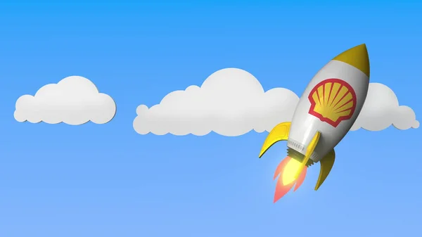 Логотип SHELL на макете ракеты. Редакционный успех 3D рендеринга — стоковое фото