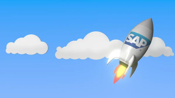 Логотип SAP против макета ракеты. Редакционный успех 3D рендеринга — стоковое фото