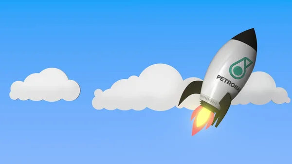 Logotipo de PETRONAS em um foguete voador. Renderização 3D relacionada ao sucesso editorial — Fotografia de Stock