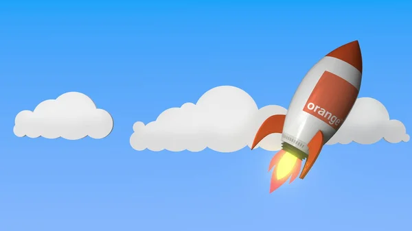 Logo di ORANGE su un razzo volante. Rendering 3D correlato al successo editoriale — Foto Stock