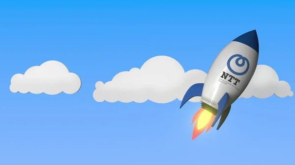 Logo typ för NTT på en flygande raket. Redaktionella framgång relaterade 3D-rendering — Stockfoto