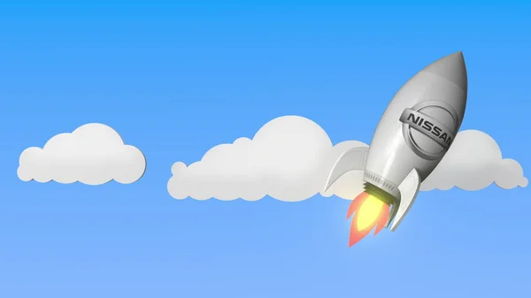 Logo of NISSAN on a flying rocket. Editorial success related 3D rendering — Stock Photo, Image