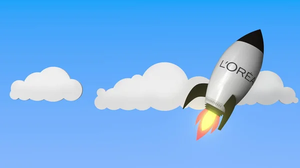 飛行ロケット上のロレアルのロゴ。編集の成功に関連する 3D レンダリング — ストック写真