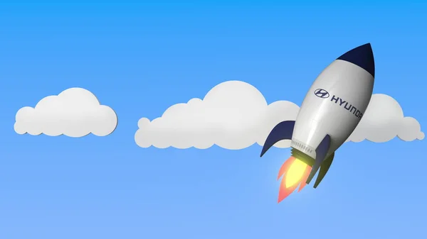 Logotipo HYUNDAI contra um foguetão mockup. Renderização 3D relacionada ao sucesso editorial — Fotografia de Stock