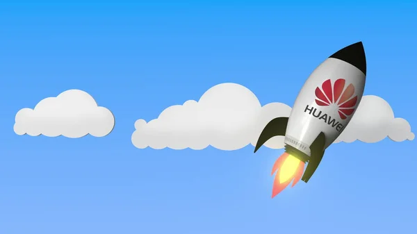Логотип HUAWEI против макета ракеты. Редакционный успех 3D рендеринга — стоковое фото