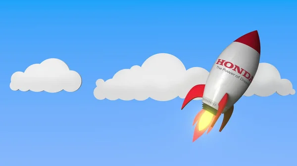 ロケットモックアップに対するホンダのロゴ。編集の成功に関連する 3D レンダリング — ストック写真