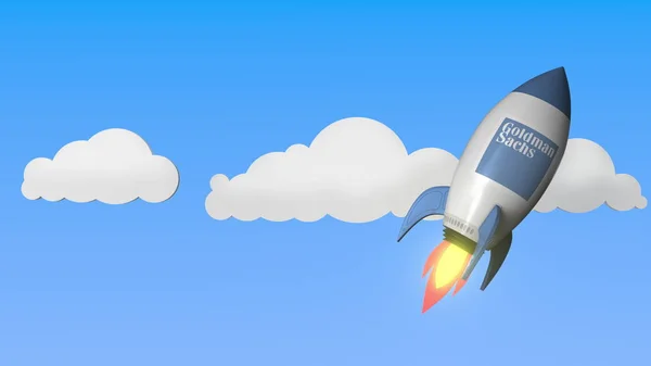 空飛ぶロケットに乗ったゴールドマン・サックスのロゴ。編集の成功に関連する 3D レンダリング — ストック写真