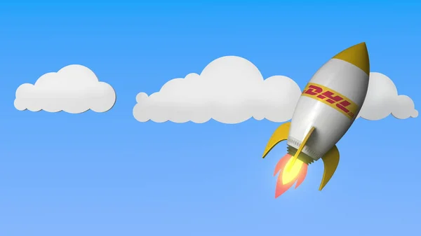 飛行ロケットにDhlのロゴ。編集の成功に関連する 3D レンダリング — ストック写真