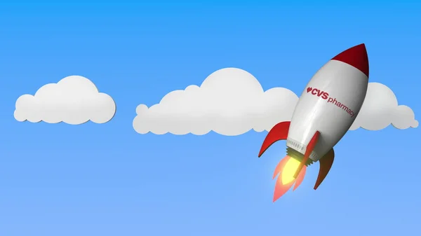ロケットモックアップに対するCvs薬局のロゴ。編集の成功に関連する 3D レンダリング — ストック写真
