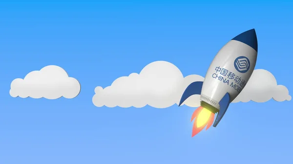 Логотип китайського мобільного на літаючої ракети. Редакційний успіх пов'язаних 3D рендеринга — стокове фото