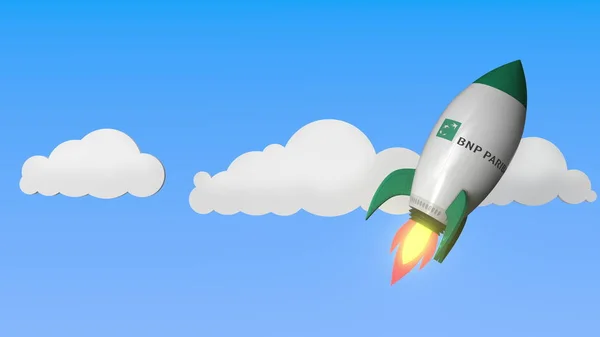 Logo de BNP PARIBAS em um foguete voador. Renderização 3D relacionada ao sucesso editorial — Fotografia de Stock