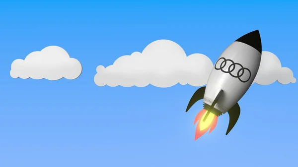 空飛ぶロケットにアウディのロゴ。編集の成功に関連する 3D レンダリング — ストック写真