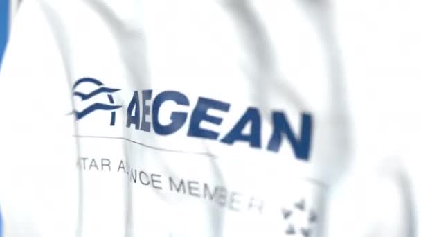 Vliegende vlag met Aegean Airlines logo, close-up. Redactionele loop bare 3D-animatie — Stockvideo