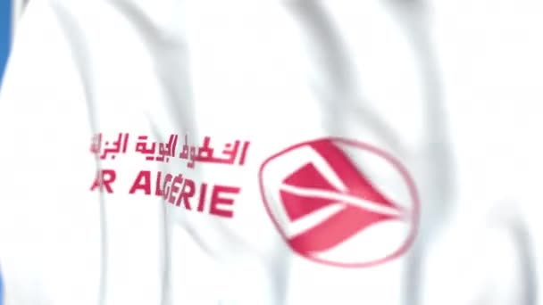 Bandeira voadora com logotipo da Air Algerie, close-up. Editorial loopable animação 3D — Vídeo de Stock