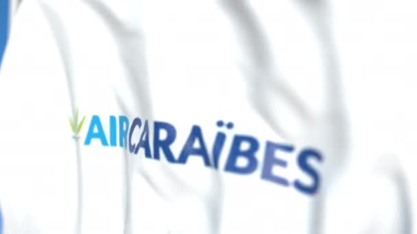 Flying Flag med Air Caraibes logotyp, närbild. Redaktionell loopable 3D-animering — Stockvideo