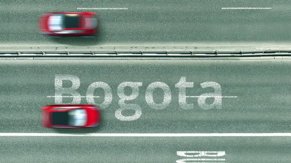 Pohled shora dolů po dálnici s odhalením textu Bogoty. Jízda v Kolumbii 3D vykreslování — Stock fotografie