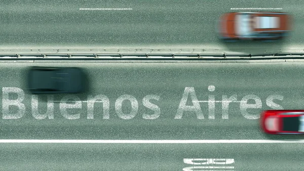 ブエノスアイレスのキャプションを明らかにする車と高速道路の空中ダウンビュー。アルゼンチン3Dレンダリングへの車の旅 — ストック写真