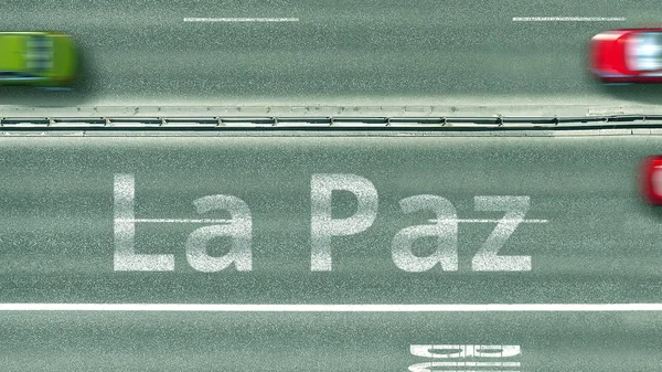 Vista de arriba hacia abajo de la autopista con revelador texto de La paz. Conducción en Bolivia 3D rendering — Foto de Stock
