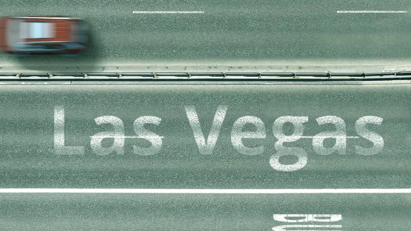 Aerial top-down view of the road. Cars reveal Las vegas text. Travel to the United States 3D rendering — Stock Photo, Image