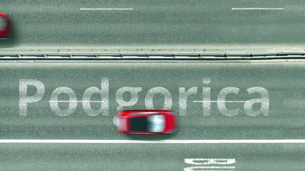 Bovenaanzicht van de weg. Cars onthullen Podgorica tekst. Reizen naar Montenegro 3D rendering — Stockfoto