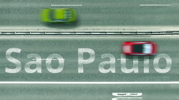 Overhead view of the busy car road with Sao Paulo text. Travel to Brazil 3D rendering — Stock Photo, Image