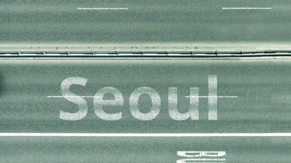 도로의 공중 하향식 보기. 자동차는 서울 텍스트를 공개합니다. 한국 여행 3D 렌더링 — 스톡 사진