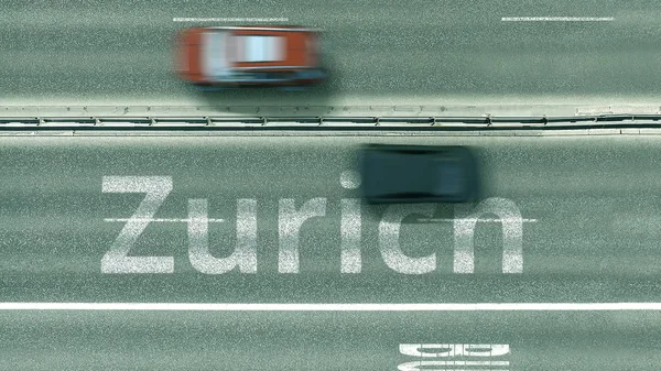 Pohled shora dolů po dálnici s odhalením curyšské texty. Řízení ve Švýcarsku 3D vykreslování — Stock fotografie