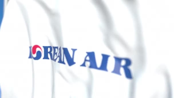 Flying flag with Korean Air logo, close-up. Editorial loopable 3D animation — Stock Video
