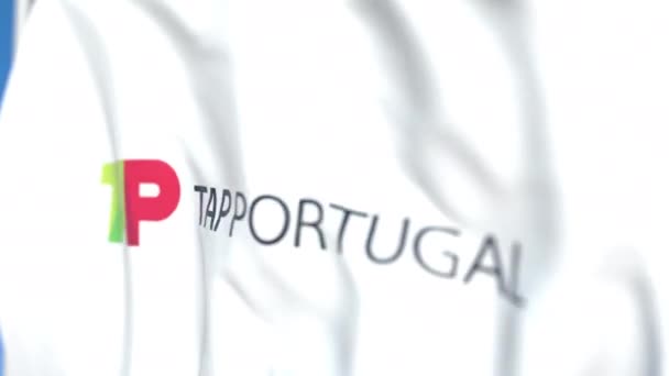 Waving flag with Tap Portugal logo, close-up. Editorial loopable 3D animation — Stock Video