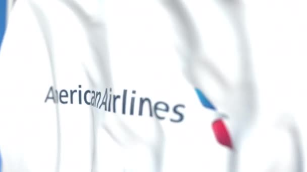 Drapeau volant avec logo American Airlines, gros plan. Animation 3D en boucle éditoriale — Video