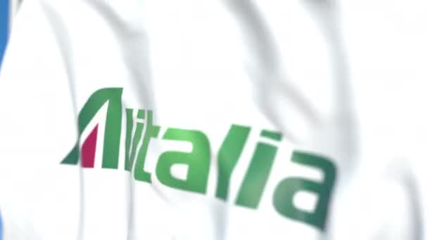 Літаючі прапор з логотипом Alitalia, Крупний план. Редакційна анімація 3D-анімації — стокове відео