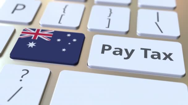 Pagar impuesto texto y la bandera de Australia en los botones del teclado de la computadora. Animación 3D conceptual relacionada con la fiscalidad — Vídeo de stock