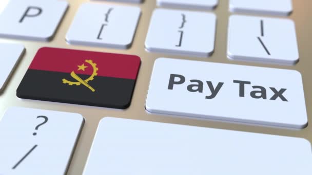 PAGAR texto TAX e bandeira de Angola nos botões do teclado do computador. Tributação relacionado animação 3D conceitual — Vídeo de Stock
