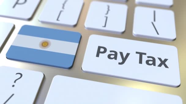 Tekst podatku Pay i flaga Argentyny na przyciskach na klawiaturze komputera. Koncepcyjna animacja 3D związana z opodatkowaniem — Wideo stockowe